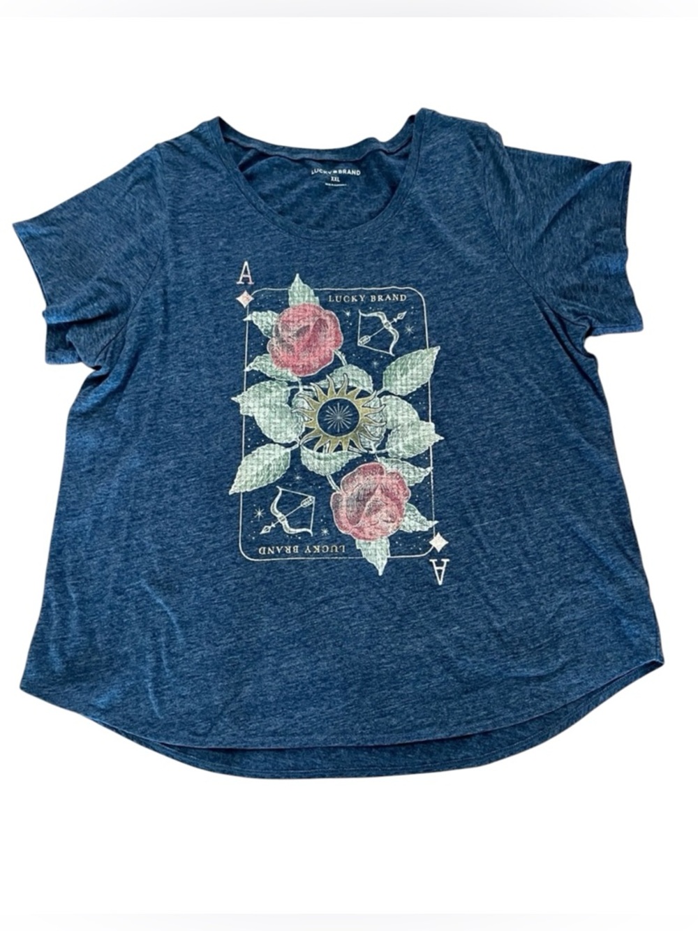 Lucky Brand Heathered Navy Graphic Short Sleeve Tee with Floral Design Size XXL